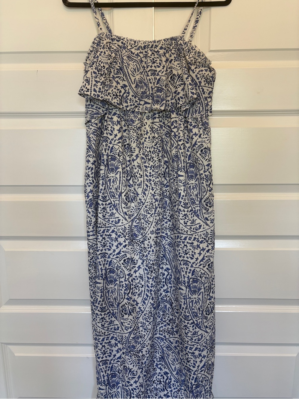 Motherhood Blue and White Printed Maxi Dress with Ruffle Bodice